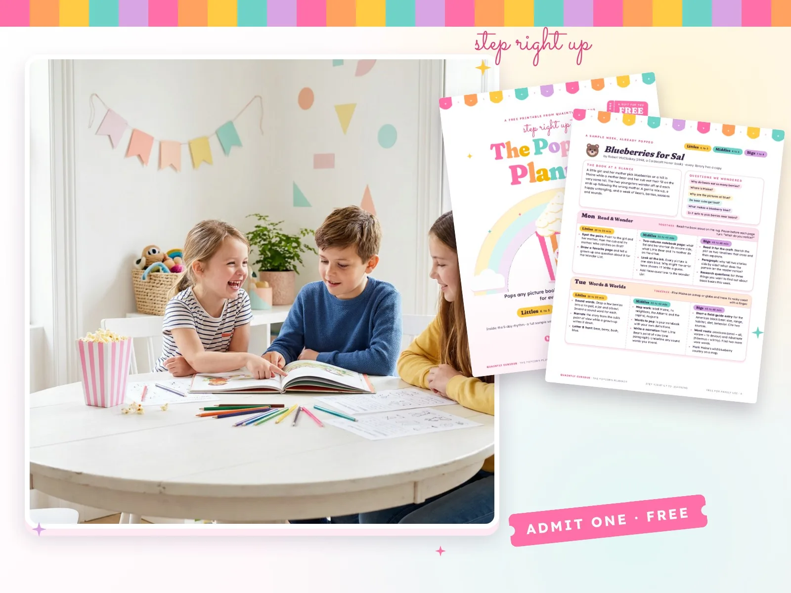 Three children reading a picture book at a bright table with popcorn, beside Popcorn Planner printable pages.