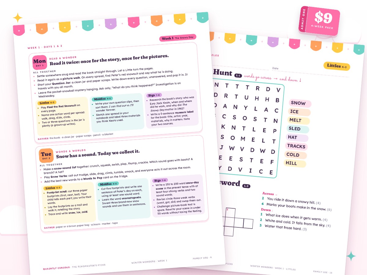 The Snowy Day Monday and Tuesday lesson plans in three levels beside a Littles winter word hunt and mini crossword.
