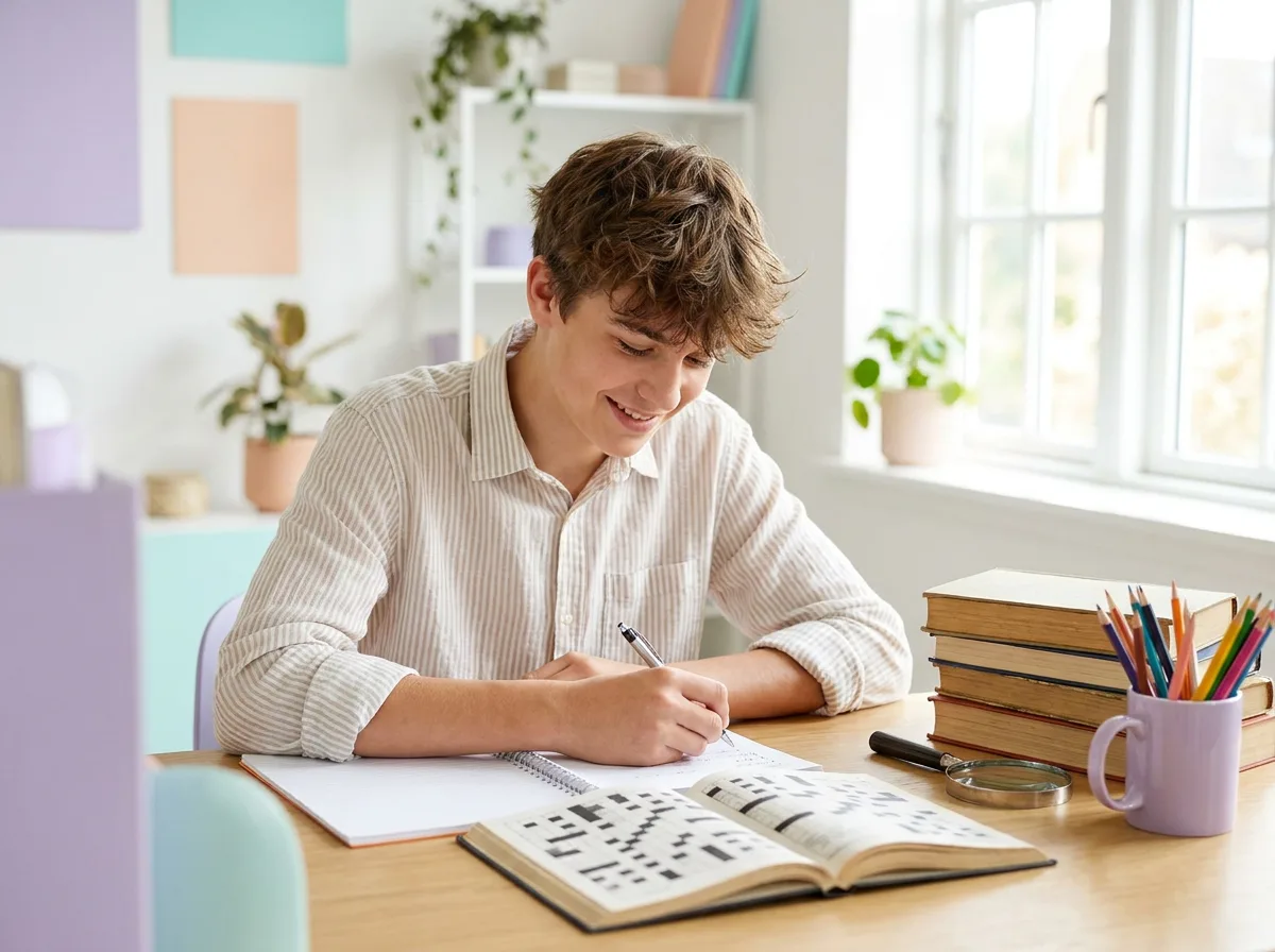 A teenager writing in a notebook beside an open crossword puzzle book.
