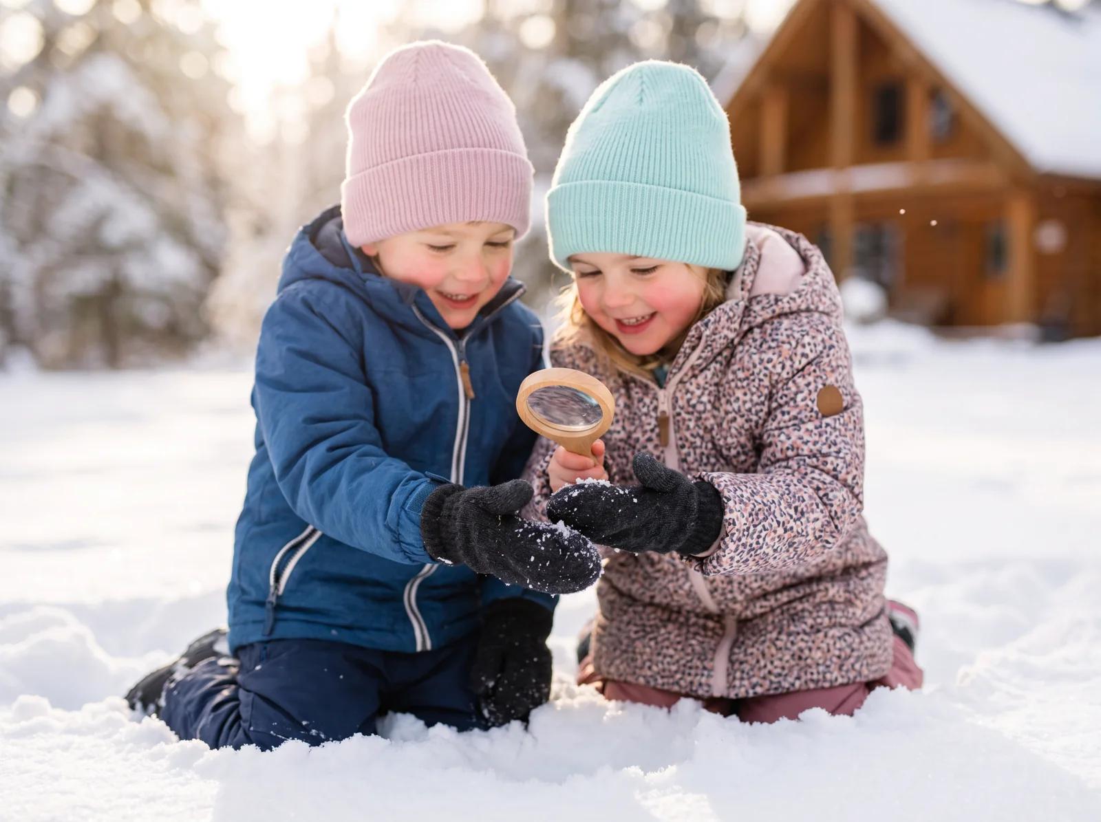 Two children in pastel winter hats catching snowflakes and examining them with a magnifying glass.
