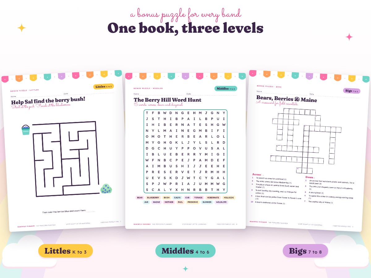 Three bonus puzzles side by side: a berry-bush maze for Littles, a word hunt for Middles and a crossword for Bigs.