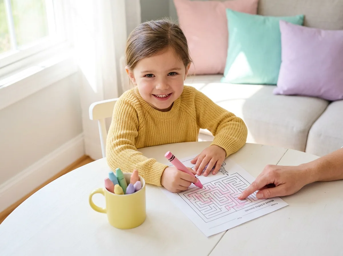 A smiling young child tracing a printable maze with a pink crayon.