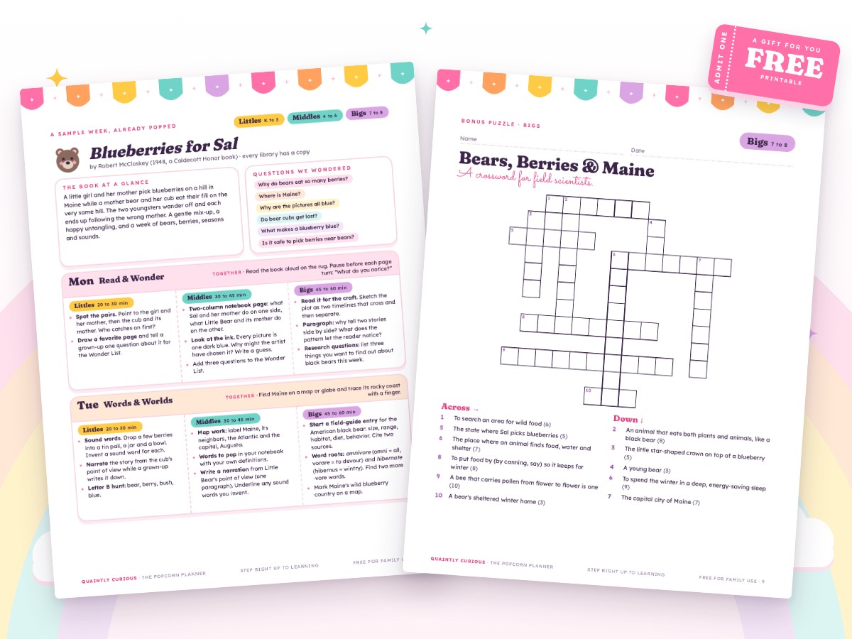 A Blueberries for Sal sample lesson plan with three age tracks beside the Bears, Berries & Maine crossword.