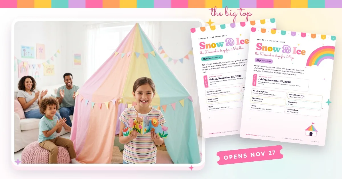 A child presenting a handmade craft at Friday Showtime by a pastel tent, beside Big Top Snow & Ice printable pages.