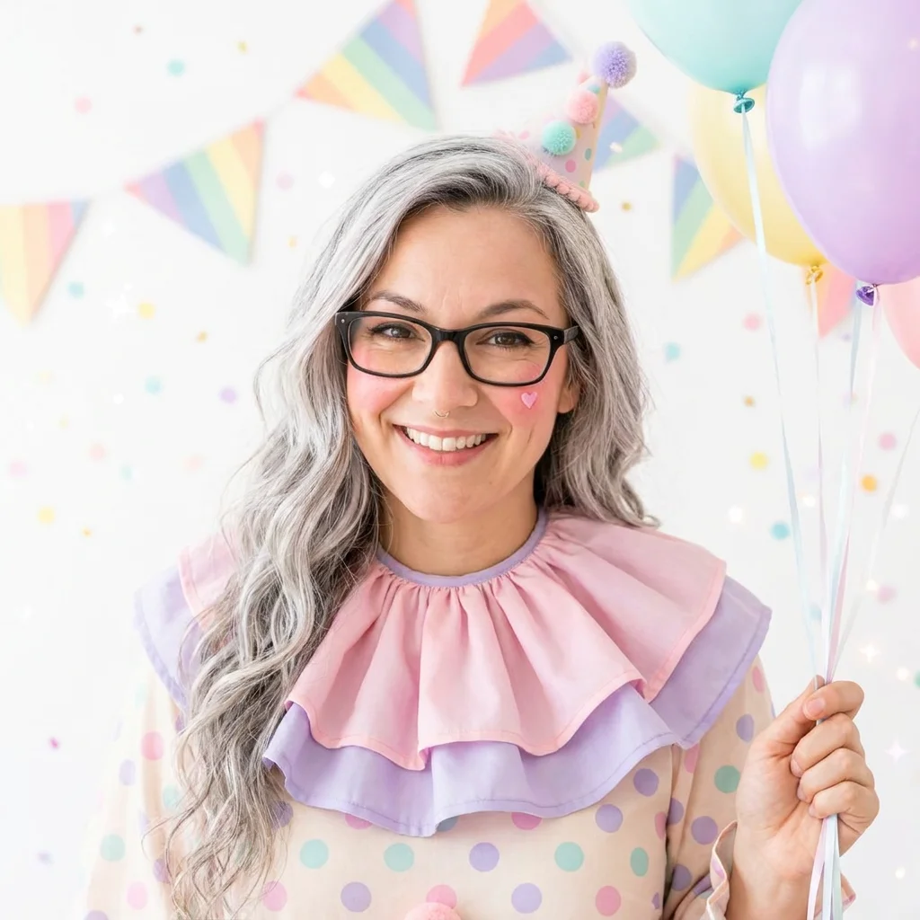 Gigi, the Ringmaster of Quaintly Curious, smiling in a pastel ruffle collar with balloons