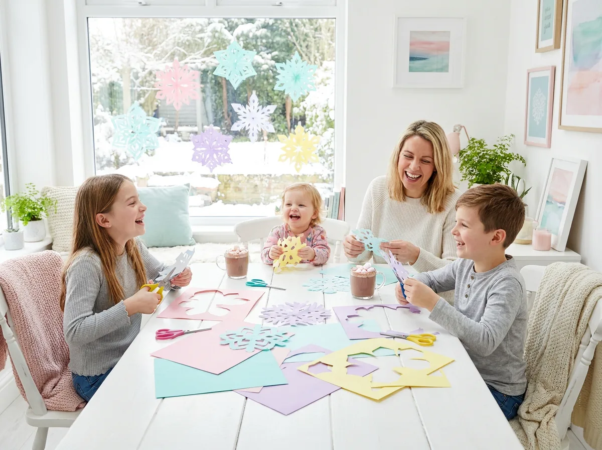A family laughing while cutting pastel paper snowflakes at a table with mugs of cocoa.