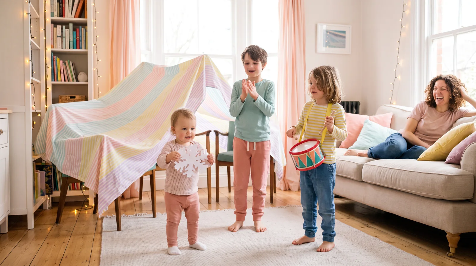 Three siblings putting on a living-room show beside a pastel sheet tent.
