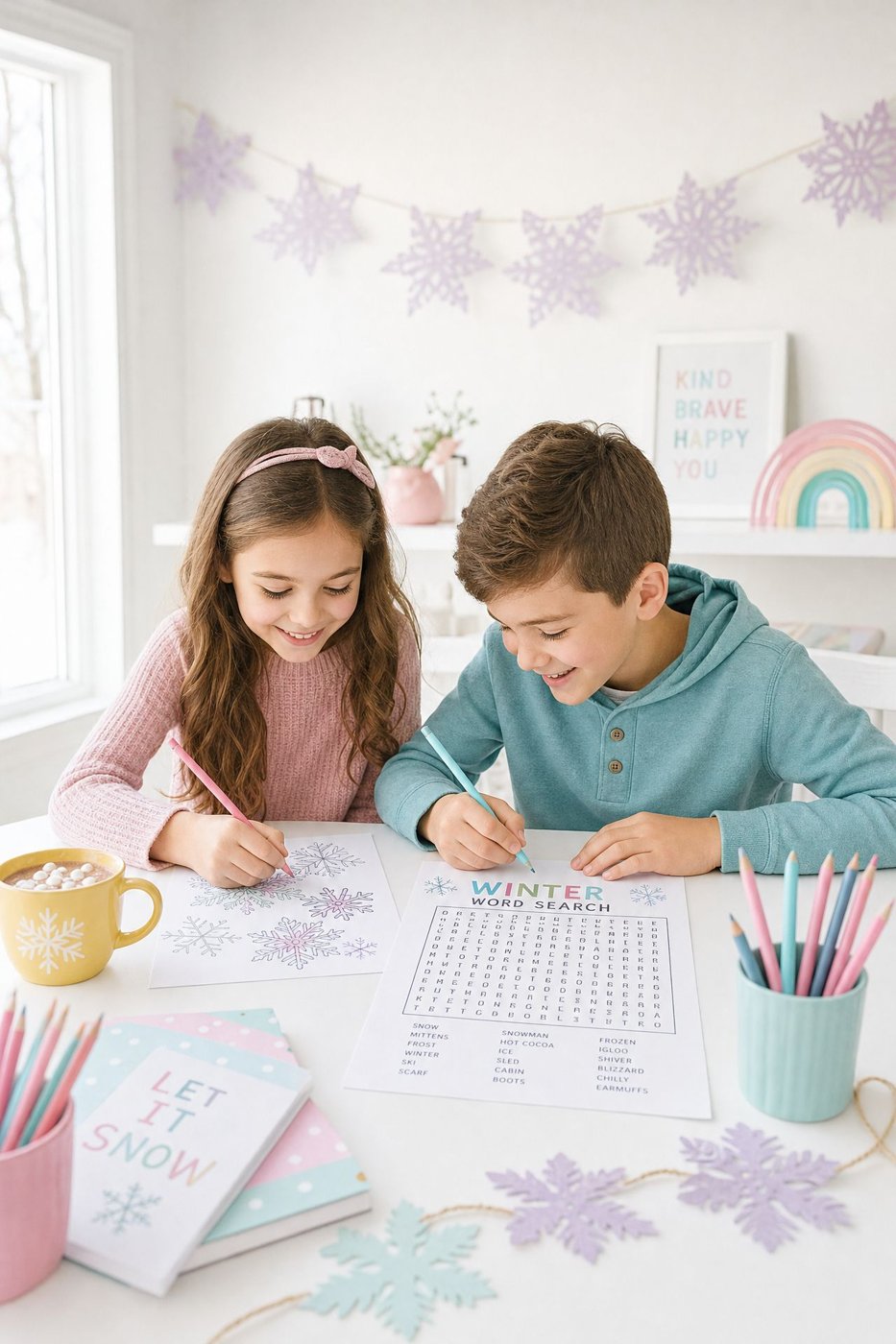 Educational puzzles for kids: a girl solving a printable word search with a pastel highlighter at the kitchen table