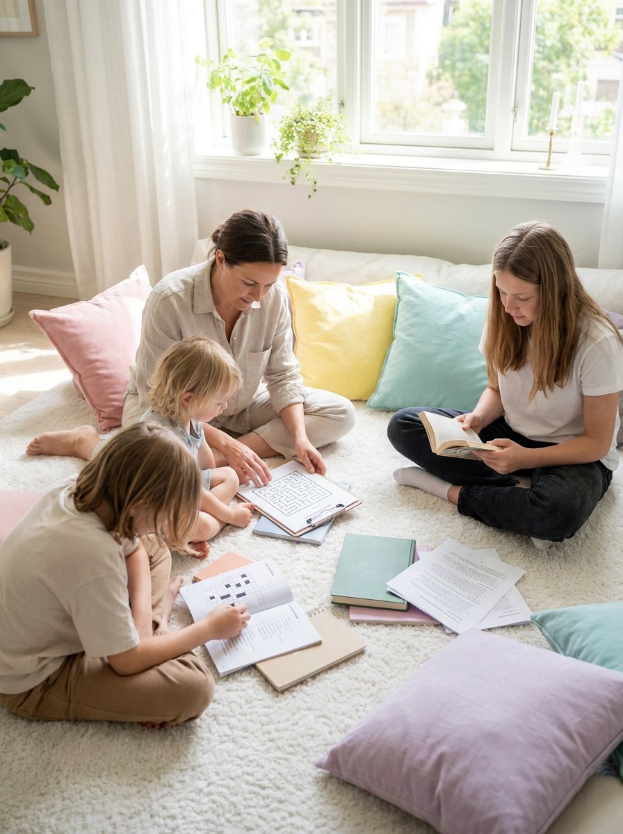 Printable puzzles for kids: siblings working on a secret code puzzle together on a pastel rug