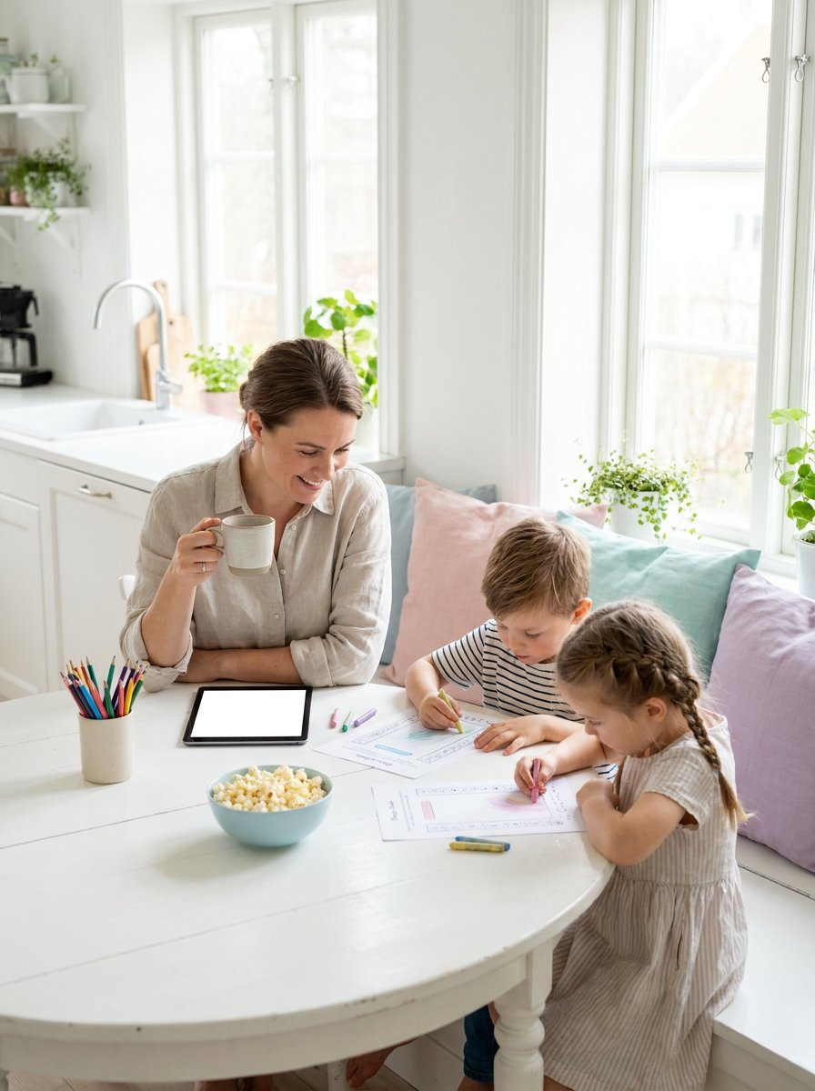 Homeschool independent work checklist on a pastel desk with a child crossing off tasks