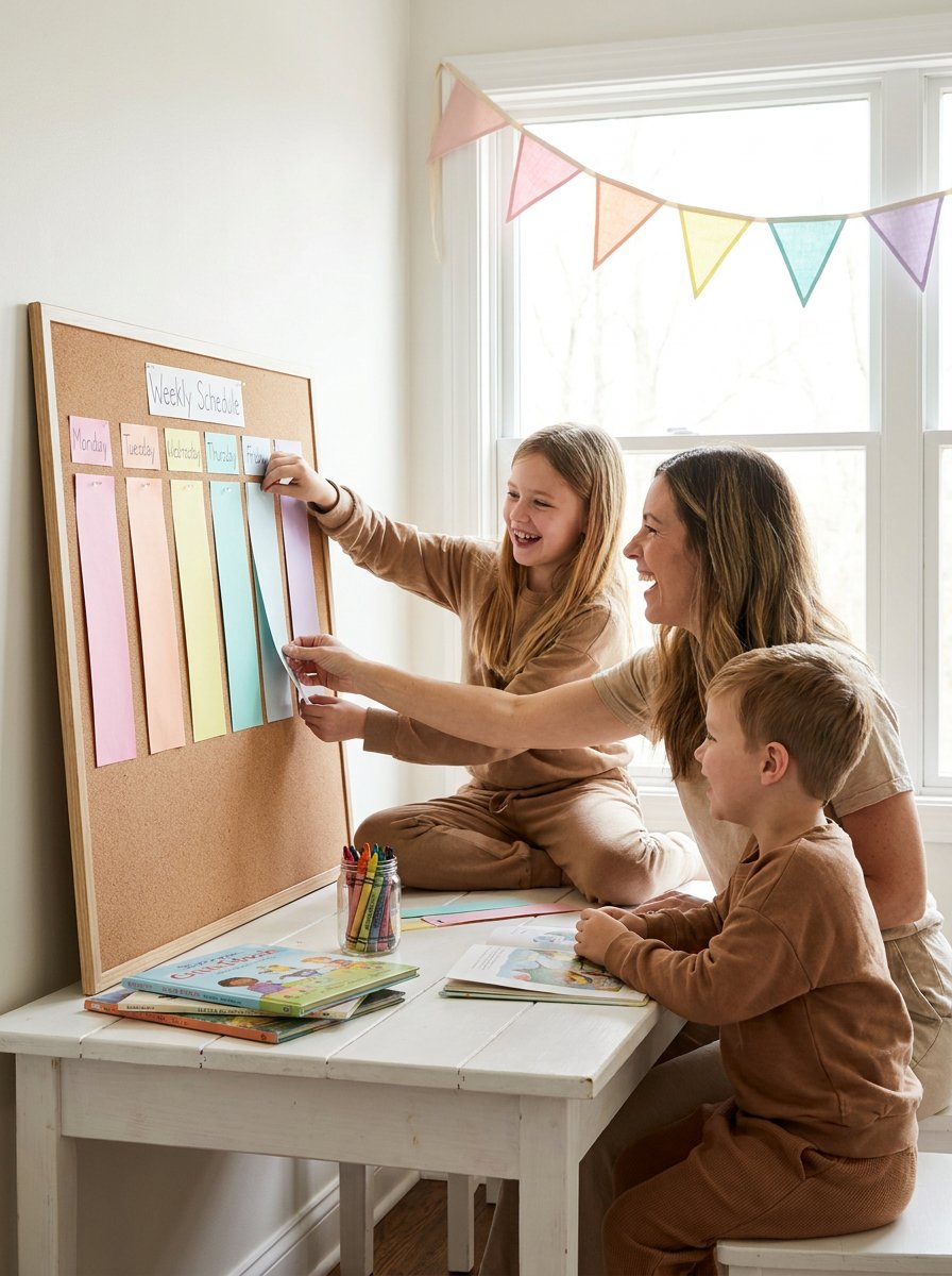 Homeschool schedule on a pastel wall chart with kids of different ages checking off tasks