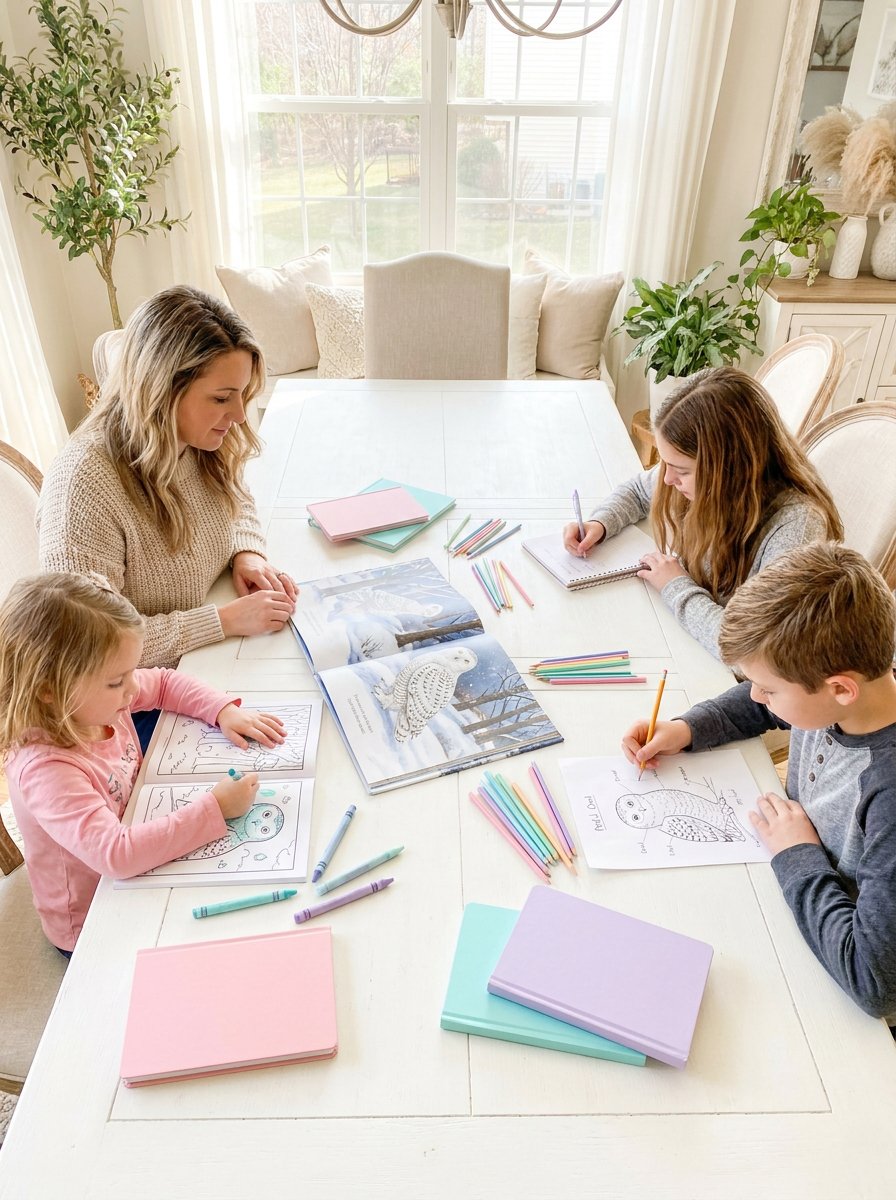 Homeschool unit studies in action: siblings building a paper owl together at a pastel kitchen table