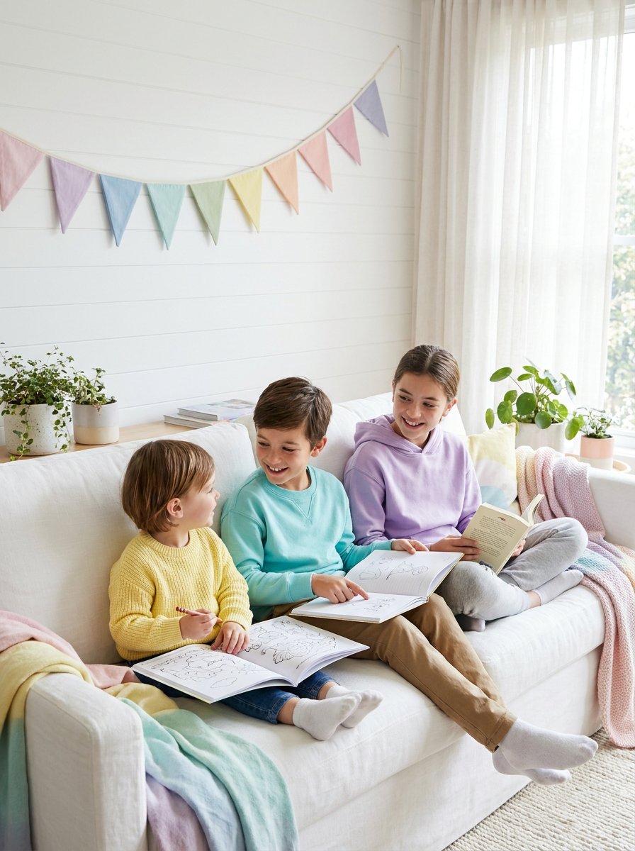 Homeschooling multiple ages around one picture book, siblings reading together on a pastel rug