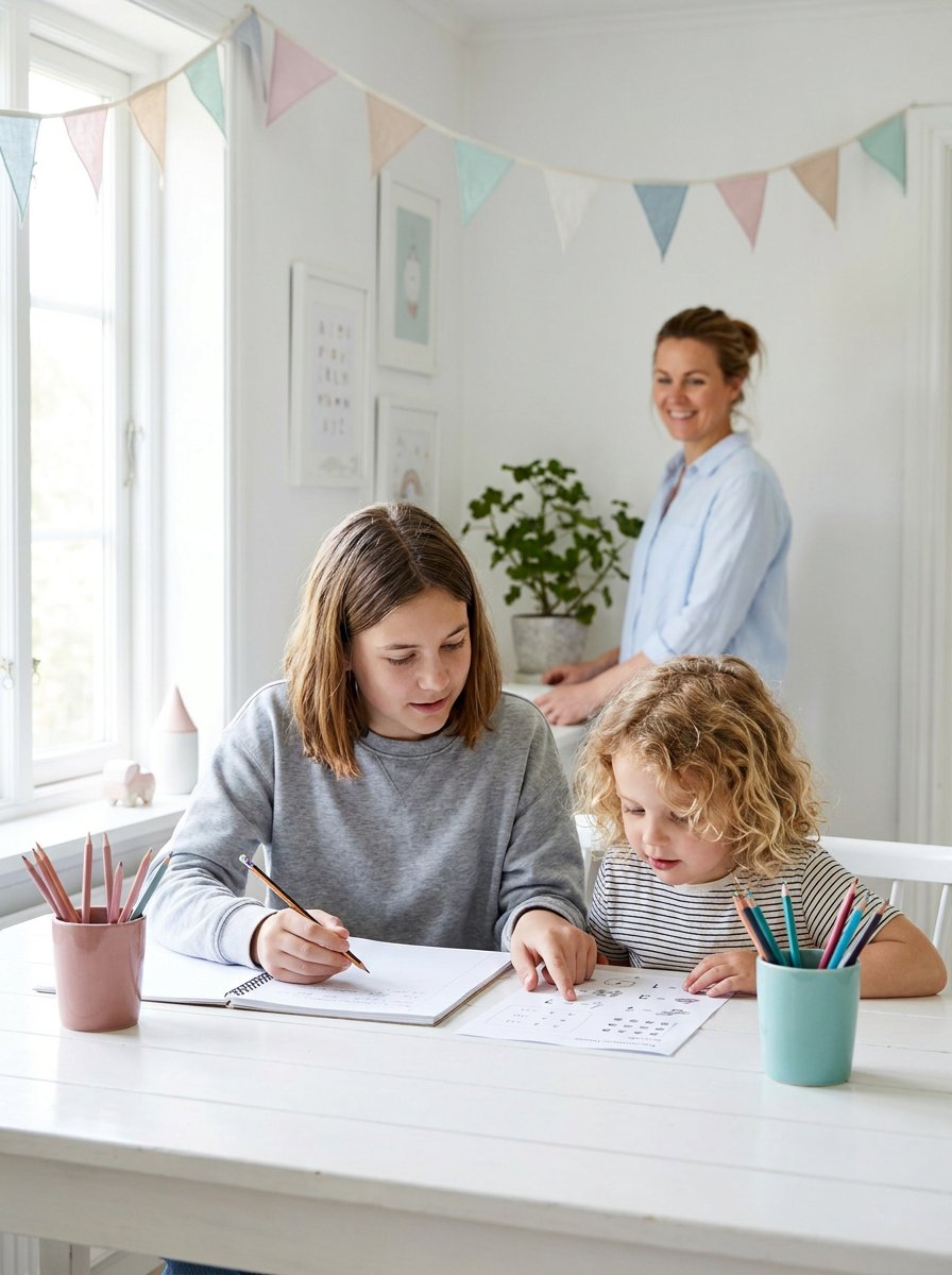 Homeschool with toddlers and older kids, a preschooler with a busy bin beside a sibling doing math