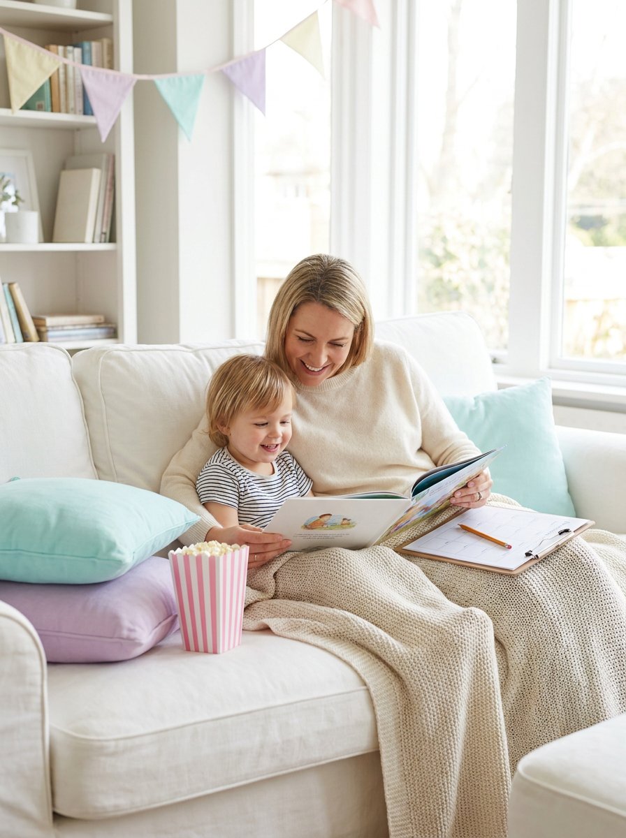 Mom and kids starting homeschooling at a kitchen table with picture books and art supplies