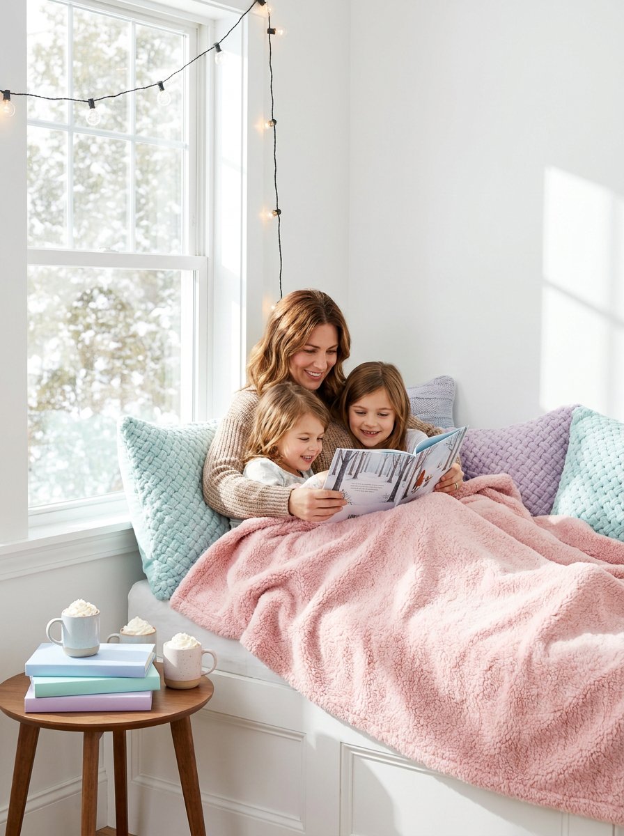 Literature-based homeschool family reading a picture book together on a pastel couch