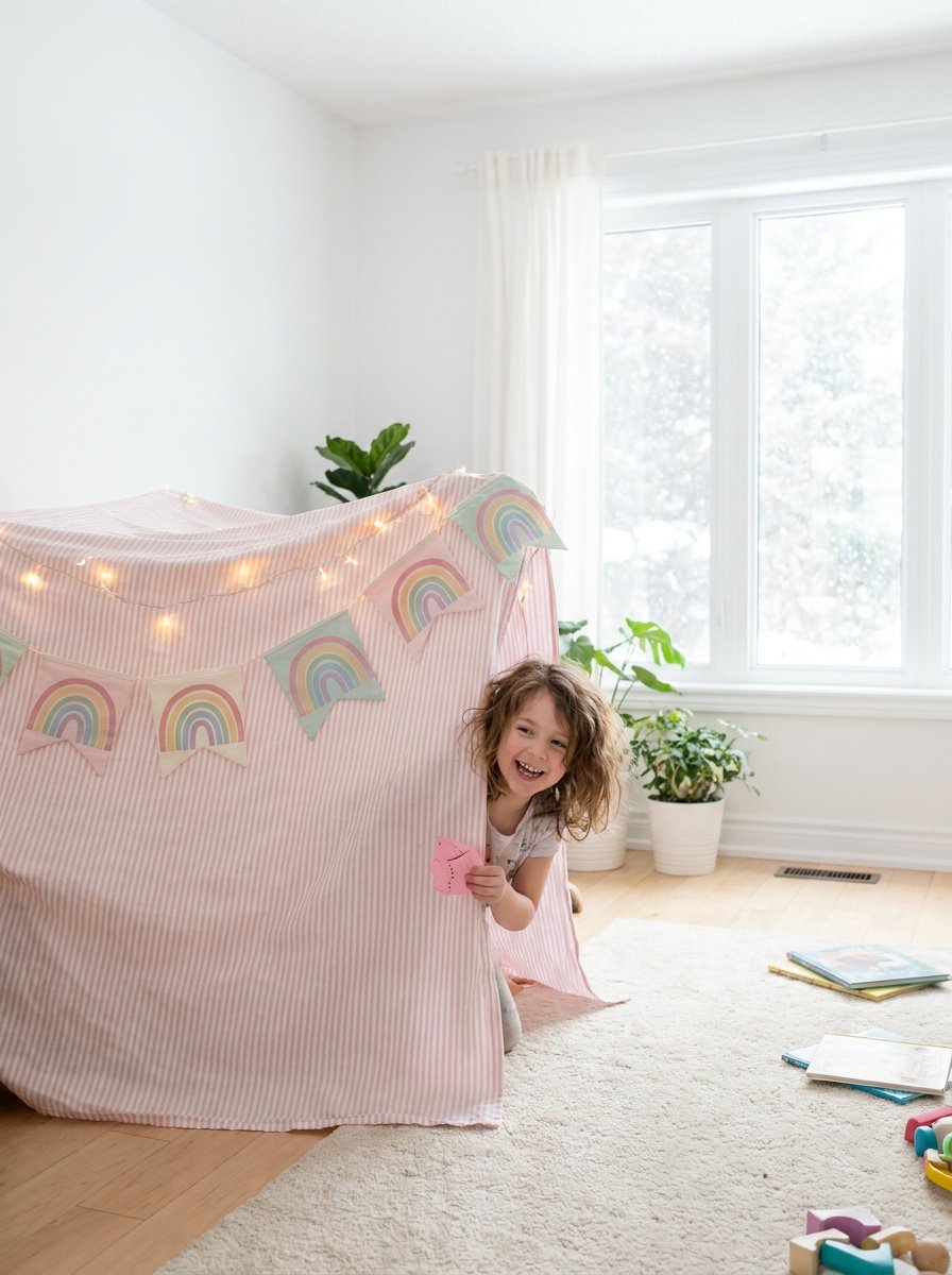 Kids reading winter picture books under a blanket fort