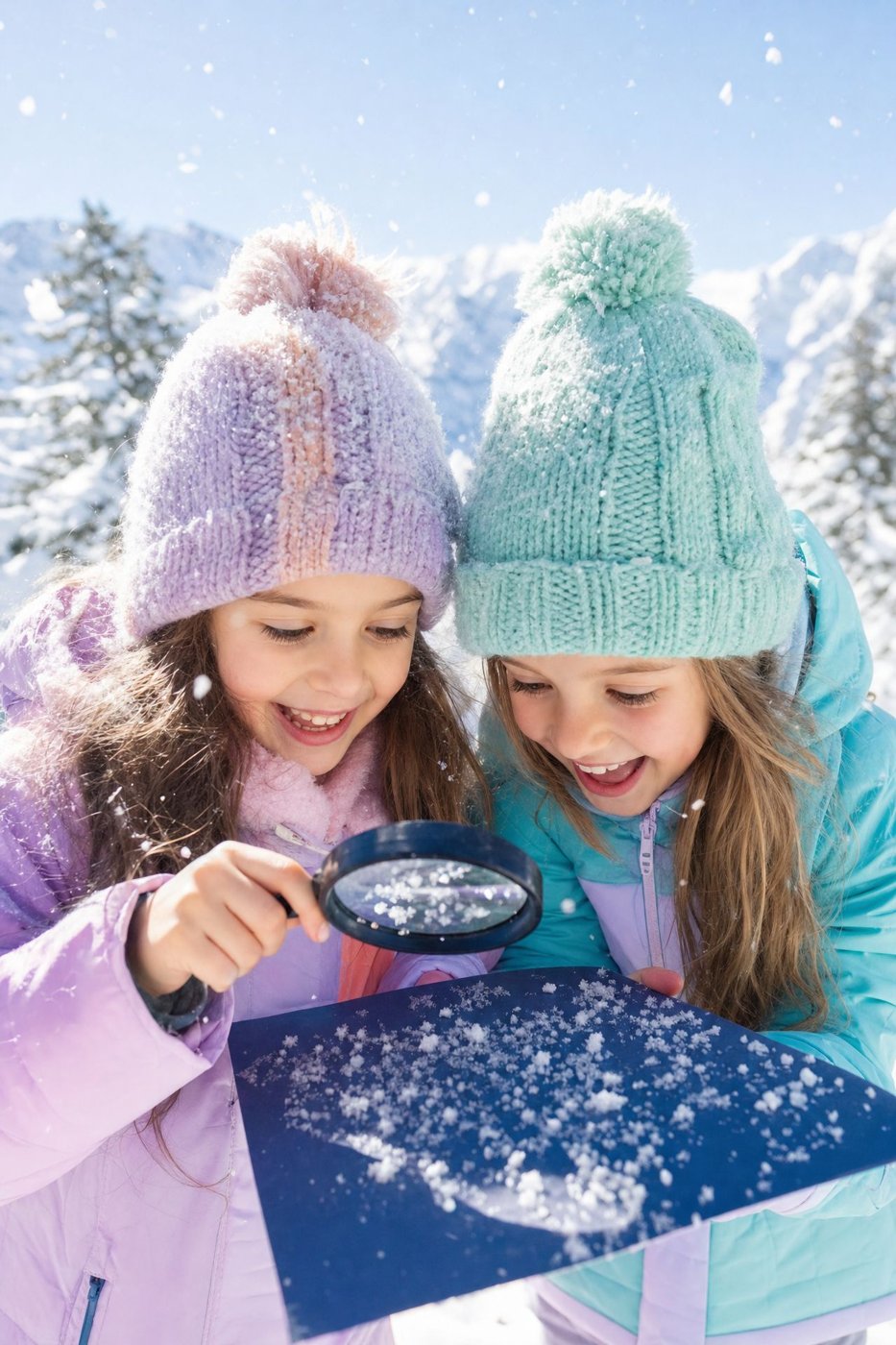 Child catching snowflakes on dark paper for a winter picture book activity
