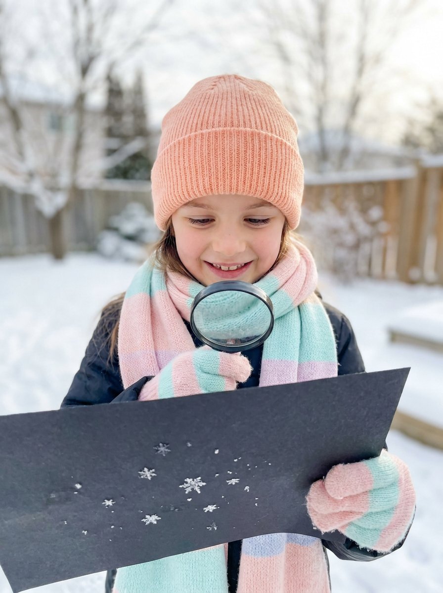 Winter unit study snowflake science: a child catching snowflakes on black paper and looking through a magnifying glass