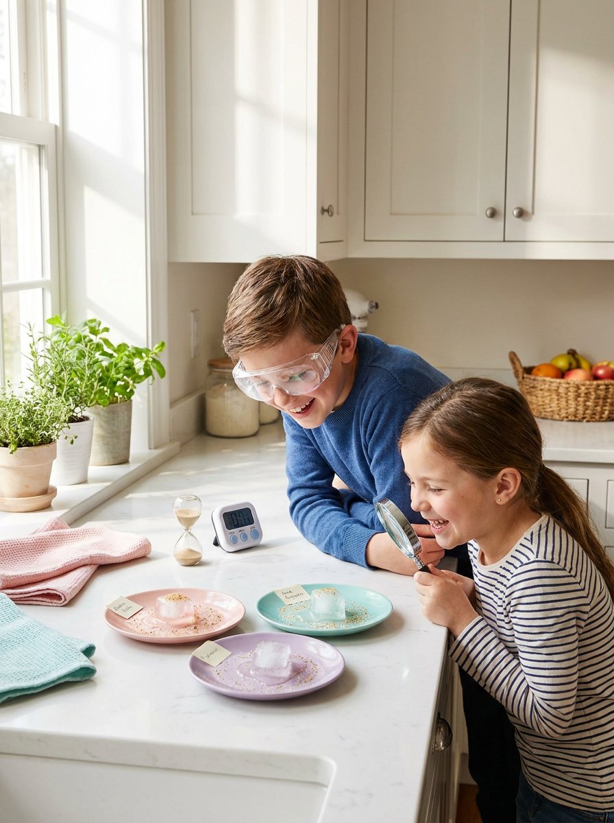 Winter unit study ice experiment: siblings watching an ice cube float in a clear glass at a pastel kitchen table