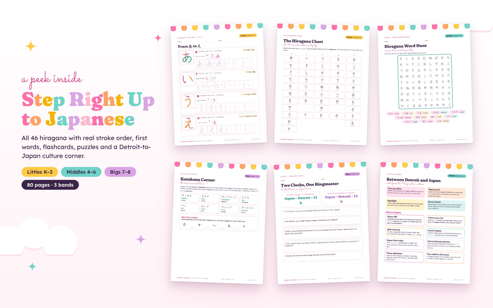 Six inside pages of the primer: stroke-order tracing cards, a hiragana chart, first words, flashcards, puzzles and a certificate.