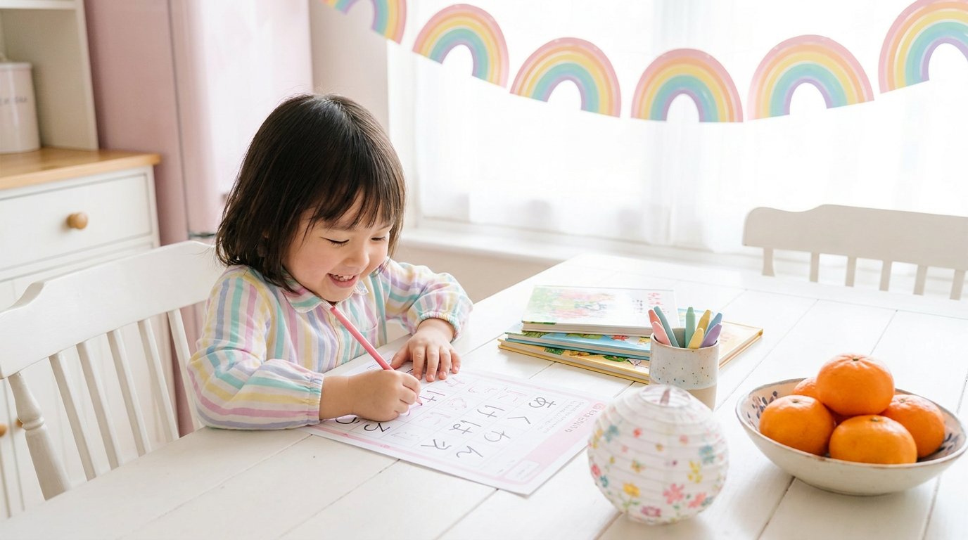 A child carefully tracing hiragana strokes on a printable practice page.