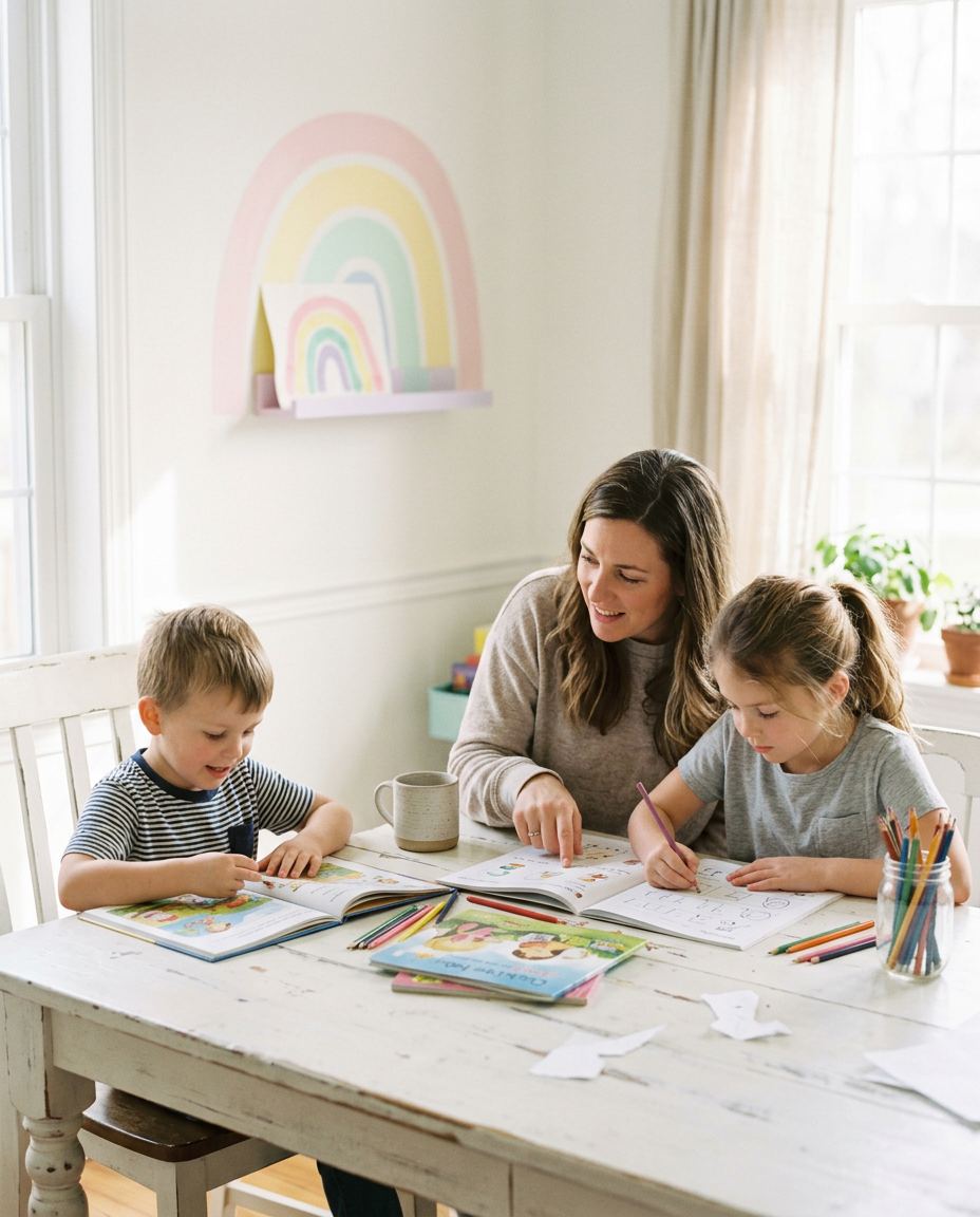 A mom and two kids doing lessons together at a bright kitchen table