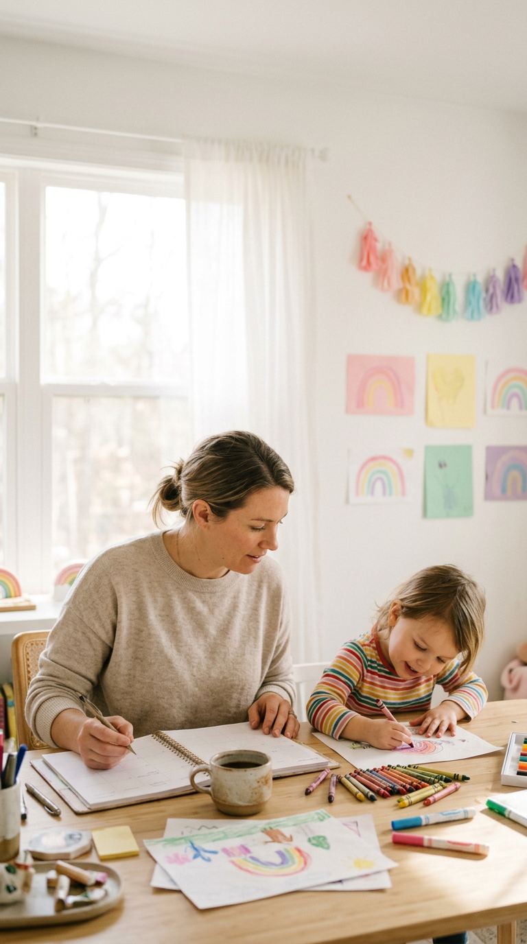 A parent planning the week at a sunny desk while a child colors beside them