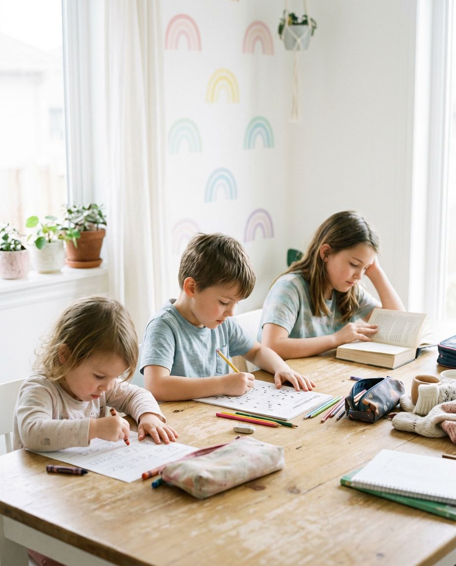 Siblings of different ages working side by side at a kitchen table